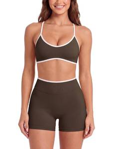 lot 2446 image: ABOCIW Womens Workout Sets 2 Piece Seamless Color Block Sports Bra Scrunch Butt Lifting High Waist Shorts Gym Set Yoga Pilates Outfits Athletic Work Out Clothes Coffee Medium