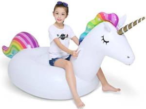 lot 3035 image: Jasonwell Big Inflatable Unicorn Pool Float Floatie Ride On with Fast Valves Large Rideable Blow Up Summer Beach Swimming Pool Party Lounge Raft Decorations Toys for Kids Adults