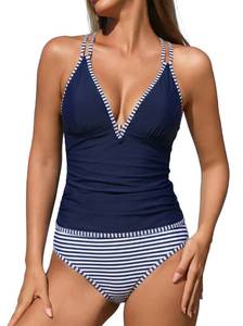 lot 4129 image: ZAFUL Women Bestselling Tankini Swimsuits Cheeky Bathsuit Blue Striped L