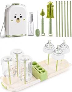 lot 4134 image: Travel Bottle Cleaner kit, 7in1 Baby Toddler Travel Essential Silicone Bottle Brush Set, Nipple, Drying Rack, Straw, & Breast Pump Cleaning, Soap Dispenser & Organizer Case, Gift Mom