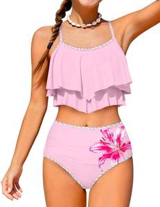 lot 4135 image: Boiltcat Girls Swimsuits Size 10-12 Bathing Suits for Girls Tiered Ruffled Contrast Trim Girl Bikini Pink Floral Printed High Waisted Swimsuits for Girls 11 Year Old