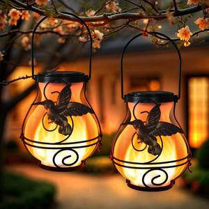 lot 5237 image: 2 Pack Solar Lanterns Outdoor Waterproof Flickering Flame Lights Hummingbird Metal Hanging Solar Lantern Patio Porch Garden Decoration