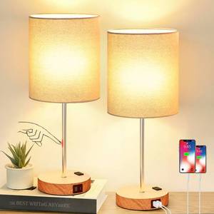 lot 5304 image: Lynnoland Set of 2 Touch Wood Table Lamps, Bedroom Lamps with 2 USB AC Outlet, 3-Way Dimmable Bedside Nightstand Lamps for Bedroom Living Room Nursery, 800 Lumens 2700K Bulbs Included