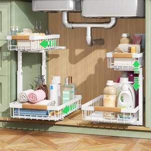 lot 7086 image: Kitstorack Under Sink Organizer, 2 Tier Under the Sink Storage, Slide out Pull out Cabinet Organizer Shelf, Metal Sliding Drawer for Kitchen Bathroom Pantry Closet Organization Rack, White, 2 Pack