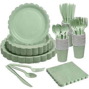 lot 7089 image: Goodluck 350 PCS Sage Green Paper Plates Set, 50 Guest Green Party Supplies