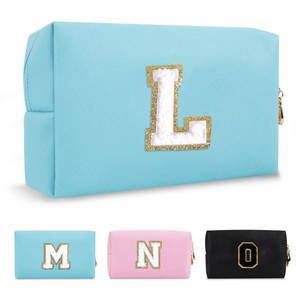 lot 8357 image: Small Personalized Initial A-Z Preppy Patch Makeup Bag,PU Chenille Letter Travel Cosmetic Pouch with Zipper,Blue Cute Toiletry Bag,Gift Ideal for Teen Girls Women Teacher Bridesmaid,Letter L