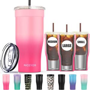 lot 8365 image: Universal Iced Coffee Sleeve - Upgraded Double Wall Reusable Stainless Steel Holder Sleeves Insulator for Cold Drinks Fits Starbucks Dunkin Donuts McDonalds Small Medium Large Cup (Sakura)