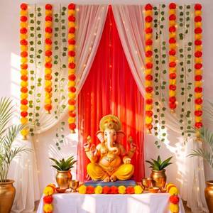 lot 9647 image: Irenare Indian Pooja Backdrop Kit Tulle Backdrop with Artificial Marigold Garlands Green Leaf Vines for Diwali Haldi Wedding Annaprashan Housewarming Decor (Red and White,Indian)