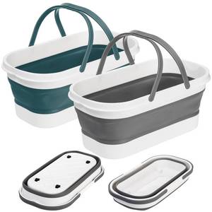 lot 9656 image: Yesland 2 Pack Collapsible Plastic Bucket with Wheels, 12L (3.17 Gallon) Foldable Rectangular Mop Bucket, Portable Water Pail with Handle for House Cleaning, Car Washing, Fishing, Camping, Gray & Blue