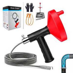 lot 9662 image: Drain Snake Auger, 33 FT Plumbing Snake Drain Hair Clog Removal Tool, Heavy Duty Snake Auger, Sink Unclogger Drain Cleaner Tool for Bathroom Kitchen Tub Shower Drain Clog Remover with Gloves, Red