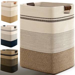 lot 9675 image: Degeyoyo Laundry Hamper, 95L Tall Laundry Basket with Leather Handles, Rectangle Large Clothes Hamper for Organizing, Cotton Woven Laundry Baskets Storage Hampers for Bedroom, Nursery, Living Room