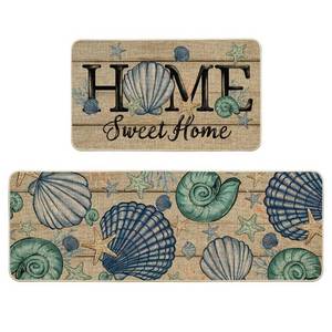 lot 9676 image: Artoid Mode Blue Conch Starfish Summer Kitchen Mats Set of 2, Seasonal Sweet Home Decor Low-Profile Kitchen Rugs for Floor - 17x29 and 17x47 Inch