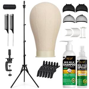 lot 9681 image: Wig Stand Tripod Metal Adjustable Mannequin Head Stand - Mannequin Wig Head with Mount Hole, Manikin Head for Wigs Making, Drying, Styling and Display - Wigs Shampoo & Milk Spray T Pins Hair Cap Set