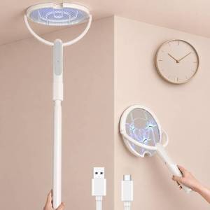 lot 9686 image: Rotating Head Electric Fly Swatter Racket, Bug Zapper Indoor with Long Telescopic Extension 4000V USB Rechargeable Mosquito Zapper Killer with Charging Base, 3 Modes Automatic & Manual (White)