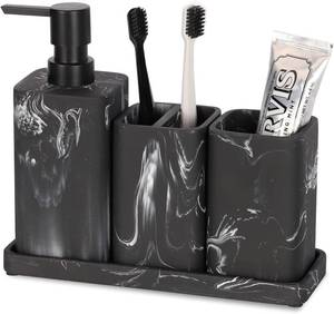 lot 10483 image: ZCCZ Bathroom Accessory Sets, 4 Pieces Bathroom Accessories Complete Set Vanity Countertop Accessory Set, Includes Lotion Dispenser Soap Pump, Tumbler, Toothbrush Holder and Tray (Black Marble Look)