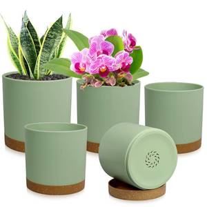 lot 13771 image: WSMKSZ 3 Pack 654 inch Cylindrical Flower Pots, Modern Small Round Plastic Plant Pots with Drainage Holes & Saucers, Clean and Refined Planter Pots for Outdoor, Indoor & Office Decor (Green Brown)