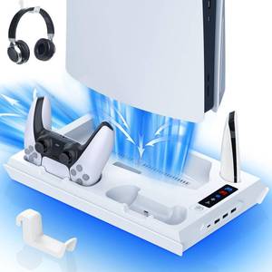 lot 13776 image: fivtek PS5 Stand with Cooling Fan & Controller Charger, All-in-One Docking Station for PS5 & PS5-Slim, 4-Port USB Hub, Headset Holder, Fast Wireless Charging for 2 Dual Controllers, White