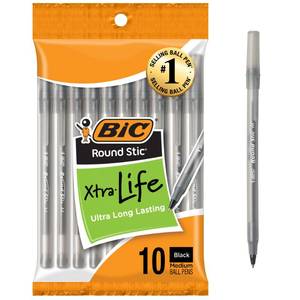 lot 14007 image: BIC Round Stic Black Ballpoint Pens, Medium Point, 10-Count