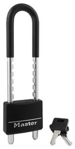 lot 14075 image: Master Lock Adjustable Shackle Keyed Padlock, Black Vinyl Covered 527D