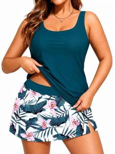 lot 14082 image: SOTHEA Plus Size Tankini Swimsuits with Skirt for Curvy Women,Tummy Control Bathing Suits Skirt with Pockets,Modest Two Piece Swimwear with Pockets Boy Shorts,Teal Flower 20Plus