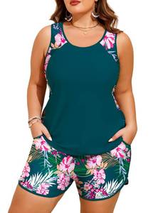 lot 14088 image: HUSKARY Womens Plus Size Tummy Control Swimsuits 2 Piece Modest Bathing Suit Removable Padded Tankini,Peacock Blue Floral,22W