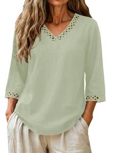 lot 14097 image: Micoson Linen Tops for Women V Neck 34 Vacation Clothes Gray Green XL