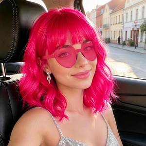lot 14117 image: MEEZY Hot Pink Wavy Curly Bob Wig with Bangs Heart Sunglasses for Women, Neon Colored Funny Hair Synthetic Wigs Costume Fun Hairpiece with Hair Cap for Cosplay Bachelorette Party Music Festival