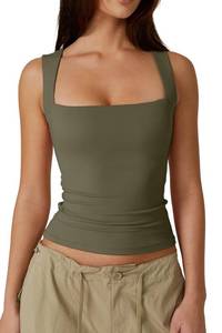 lot 14126 image: QINSEN Womens Tank Tops Sexy Sleeveless Crop Tops Square Neck Double Layer Fitness Basic Shirts Army Green XL