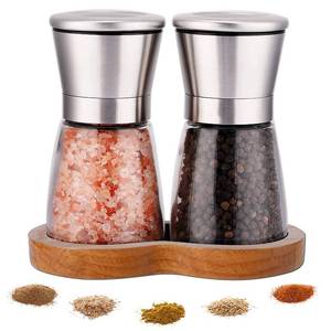 lot 14149 image: LessMo Salt and Pepper Grinder Set with Wooden Standing Tray, Refillable Pepper Mill Set - Brushed Stainless Steel - Short Glass Shakers with Adjustable Coarseness for Peppercorn, Salt or Spice Mills