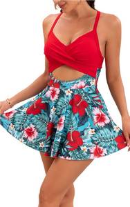 lot 14158 image: B2prity Women Cutout One Piece Skirt Swimsuit V Neck Wrap Tie Back Swimdress Tummy Control Bathing Suit(Red,Floral, Large)