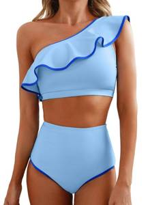lot 14164 image: Herseas Womens One Shoulder Blue Bikini Sets Ruffle Hem Swim Suits XS