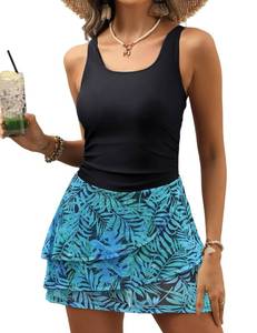 lot 14168 image: CiCiBird Women Tummy Control Swimsuits One Piece Swim Dresses Bathing Suit Skirt Swimwear Floral Black 2 XL