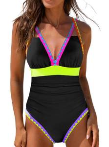 lot 14170 image: popvil Women One Piece Swimsuit Colorblock Ruched Bathing Suit Yellow Black (size M)