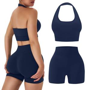 lot 14172 image: Womens Workout Sets 2 Piece Halter Sports Bra Scrunch Shorts, Navy S