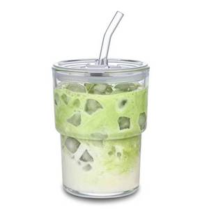 lot 14183 image: MINGHYZYA 13oz Glass Tumbler with Straw and Lid Sealed, Carry On Reusable Iced Coffee Cups,Thick Wall Glass Coffee Drinking Glassware Cups