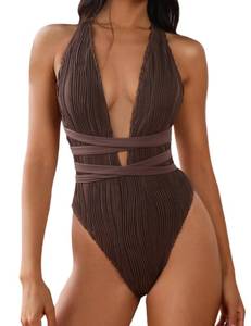 lot 14201 image: ZAFUL Womens One Piece Swimsuit Ribbed Sexy V Neck Open Back Bathing Suit Cheeky Hight Cut Self Tie Swimwear Deep Coffee M