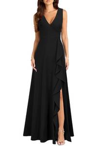 lot 14438 image: MUSHARE Womens V Neck Sexy Split Cocktail Dress with Pockets Ruffle Party Long Formal Dress Black Sz XL