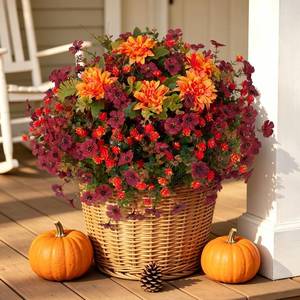 lot 14446 image: Hrobek Artificial Mums For Outdoor Planter Silk Fake Fall Flowers For Fall Decor,UV Resistant Realistic Faux Dahlia Boxwood for Patio Garden Back Yard Front Poch Home Decor (13 Bunches,3 Multi Colors)