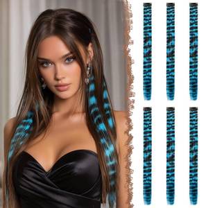 lot 14475 image: FESHFEN Leopard Printed Clip in Hair Extensions - 6PCS Blue Long Synthetic Straight Clip in Hair Extensions Stripe Printed Hairpiece Colorful Accessories for Women 18 Inch