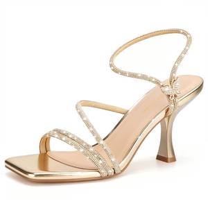 lot 19025 image: Viciously Vixen Womens Strappy Kitten Heels Square Open Toe Sandals Party Wedding Ankle Strap Shoes, Gold Rhinestone, 10