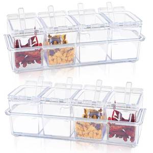lot 19026 image: SHAIDOJIO Clear Seasoning Box, 8 Piece Seasoning Rack Spice Pots, Plastic Storage Container Condiment Jars with Lids and Spoon, Kitchen Organization Containers for Spice, Salt, Sugar, Cruet (2 Set)
