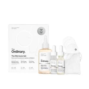 lot 20301 image: The Ordinary The Mini Icons Set, Travel Size Skin Care to Hydrate and Brighten, Glycolic Acid 7% Exfoliating Toner, Niacinamide 10%  Zinc 1%, Hyaluronic Acid 2%  B5, 4 Reusable Rounds