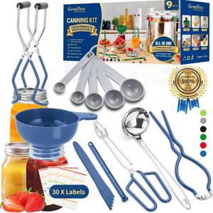 lot 20310 image: Canning Supplies Starter Kit,Canning Kit for Beginners of 9 with Jar Lifter��Wide Mouth Funnel,Wrench,Tongs,Lid Lifter,Bubble Popper,Canning Labels,ladle,Measuring spoon-Blue (MISSING 5 PIECES)