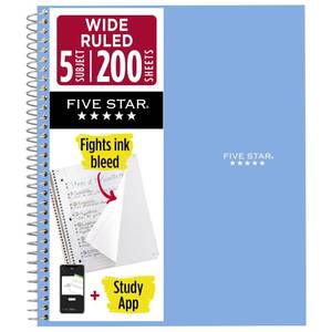 lot 20332 image: Five Star Spiral Notebook  Study App, 5 Subject, Wide Ruled Paper, 8 x 10-12, 200 Sheets, Fights Ink Bleed, Water Resistant Cover, Tidewater Blue (73196)