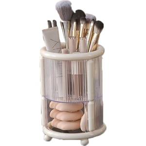 lot 1801 image: AFMKTICA Upgrade Makeup Brush Holder Organizer with Lid, Automatic Lifting Dustproof Makeup Brushes Organizer with 4 Compartments for Vanity��Cosmetic Storage for Dresser Countertop (White)