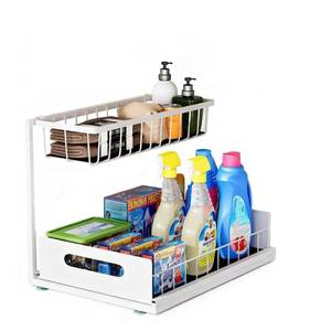 lot 1836 image: UINOFLE Under Sink Organizer, 2 Tier Pull-Out Cabinet Storage Shelf, Rust-Resistant Metal Organizer for Kitchen Bathroom Laundry Room, No Tools Installation, 1 Pack White