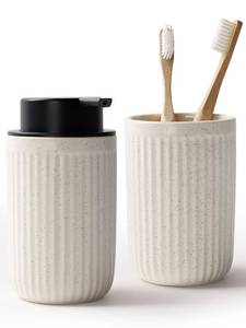 lot 1863 image: Bosilunlife Soap Dispenser and Toothbrush Holder Set - Dish Hand Soap Dispenser Bathroom Set Ceramic Bathroom Counter Soap Toothbrush Holder Set Beige Bathroom Accessories Set