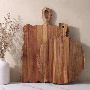 lot 1864 image: 2 Pcs Scalloped Cutting Boards Wood Set, Decorative Acacia Charcuterie Boards with Handle, Serving Boards for Cheese Meat Fruit Bread, Farmhouse Cottagecore Kitchen Decor, Housewarming Wedding Gift