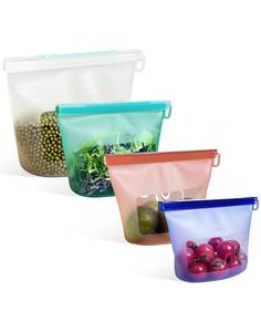 lot 2015 image: Reusable Silicone Food Storage Bags (Set of 4), Dishwasher Oven Microwave Freezer Safe, Eco-Friendly Leakproof Sous Vide Bags, Premium Lunch Containers, 1 Snack 2 Sandwich 1 Half Gallon, Mixed