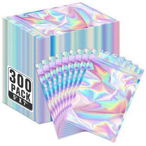 lot 2039 image: ANZNKU 300 Pack Holographic Mylar Bags with Clear Window, 5x7 In Smell Proof Packaging Bags for Small Business, Resealable Small Foil Zipper Pouch for Candy Jewelry Goodie Gift & Party Favors
